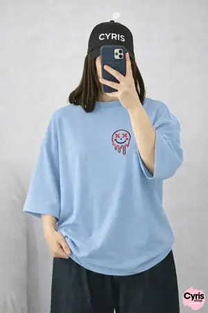 Oversized Drop Shoulder Graphic T-Shirt – Sky Blue Smiley Drip Print