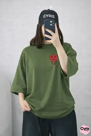 Oversized Drop Shoulder Graphic T-Shirt – Olive Green Smiley Drip Print