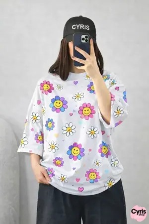 Oversized Drop Shoulder Graphic T-Shirt – White Multicolor Flower Print