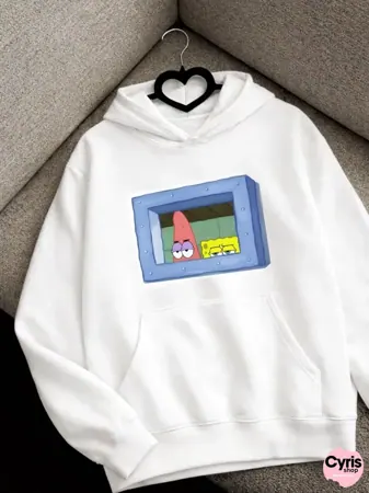 Pastel Cartoon Frame Graphic Hoodie – White Trendy Sweatshirt