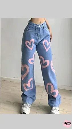 Peach Heart Print Wide-Leg jeans