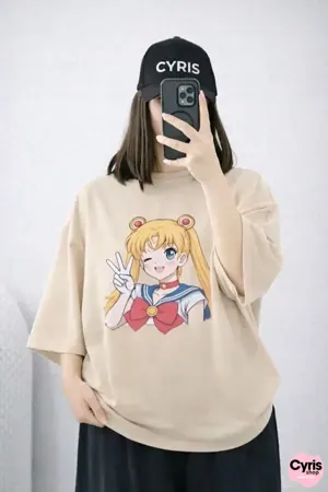 Beige Anime Graphic Drop Shoulder T-Shirt – Cute Oversized Street Tee
