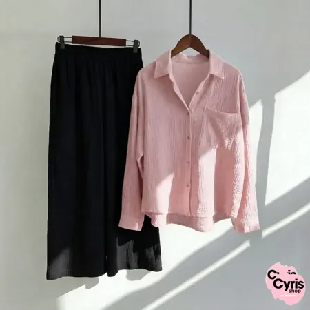 Pink Button-Down Shirt & Black Trousers Set