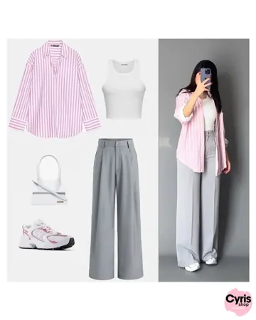 Stripped pink Button-Down Shirt, White Crop Top & Grey Wide-Leg Pants – Soft Chic Co-Ord Set