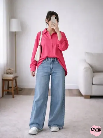 Pink Button-Down Shirt with Blue Wide-Leg Jeans Set