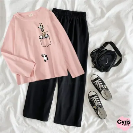 Pink Cartoon Print Sweatshirt & Trouser Set - Playful Mood