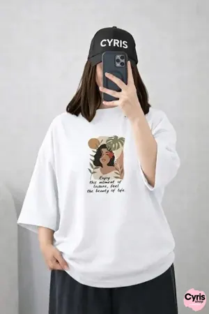 White Drop Shoulder Graphic T-Shirt – Oversized Casual Fit