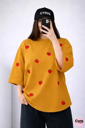 Mustard Strawberry Print Drop Shoulder T-Shirt – Cute Oversized Summer Tee