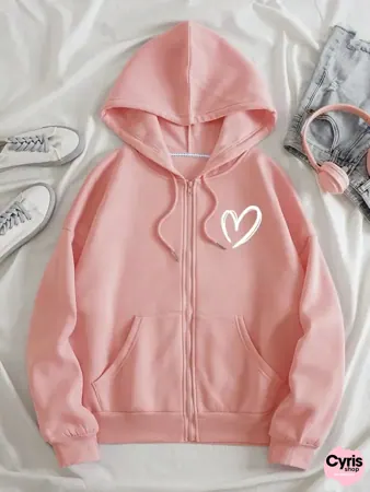 Pink Zip-Up Hoodie with White Heart Print