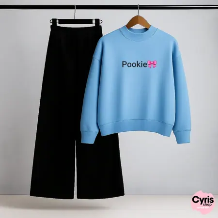 Pookie Text Sky Blue Sweatshirt & Trouser Set