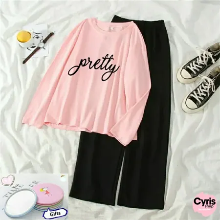 Pretty Graphic Tee & Trouser combo -Pink