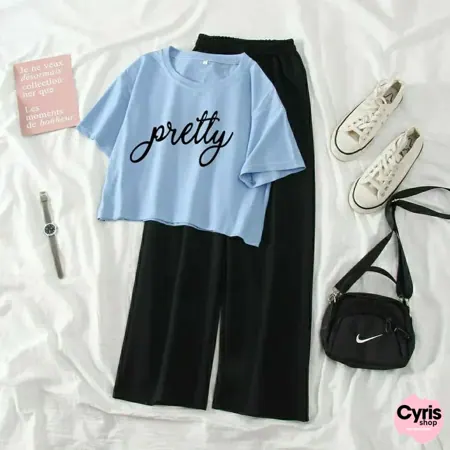 Pretty Graphic Tee & Trouser combo -Sky Blue