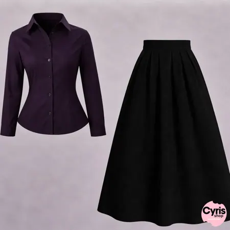 Purple Button-Down Shirt with Black Pleated Maxi Skirt – Elegant Two-Piece Set
