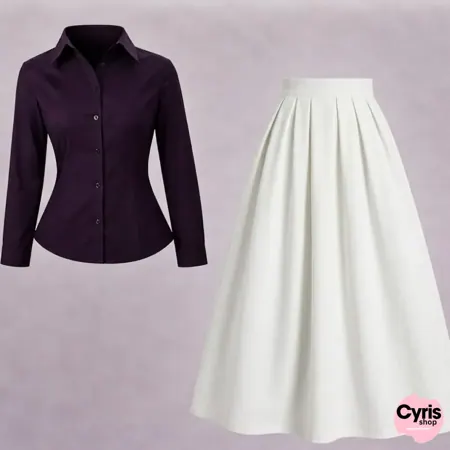 Purple Button-Down Shirt with White Pleated Maxi Skirt – Elegant Two-Piece Set