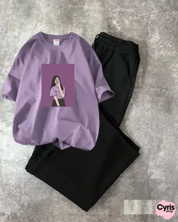 Purple Graphic Tee & Black Trouser Combo - Soft Street Style