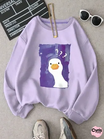 Purple Penguin Print Graphic Sweatshirt