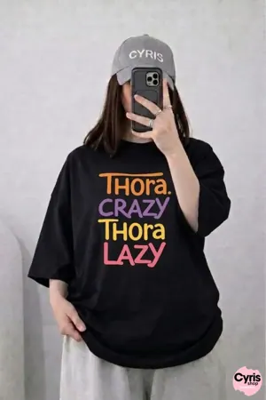 Oversized Drop Shoulder Graphic T-Shirt – Black “Thodi Crazy Thodi Lazy” Print