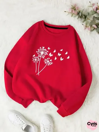 Red Dandelion Birds Print Sweatshirt