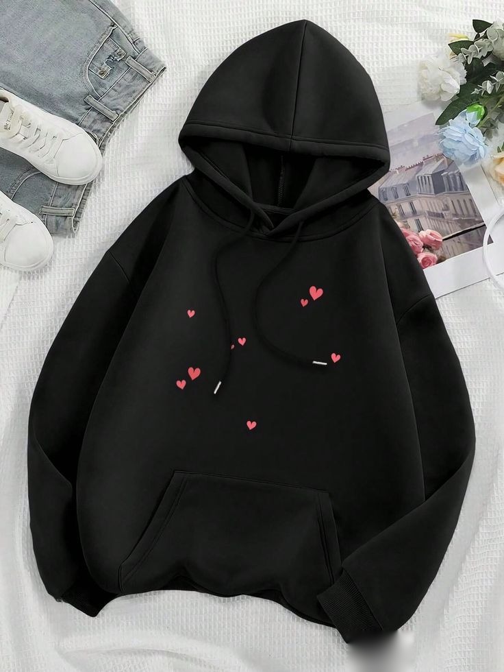 Red mini heart hoodie - Black