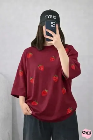 Maroon Strawberry Graphic Drop Shoulder T-Shirt – Bold Casual Oversized Tee