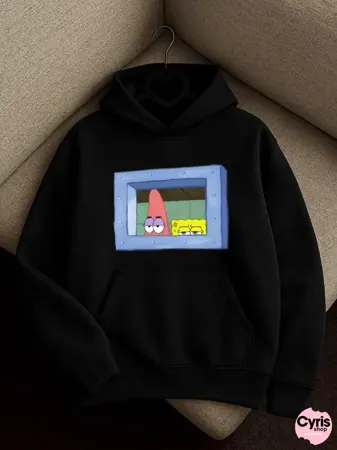 Retro Cartoon Window Print Hoodie – Black Oversized Hoodie