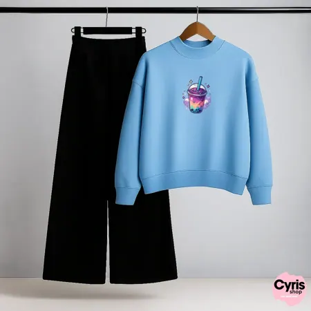 Retro Neon Sky Blue Sweatshirt & Black Trouser Combo