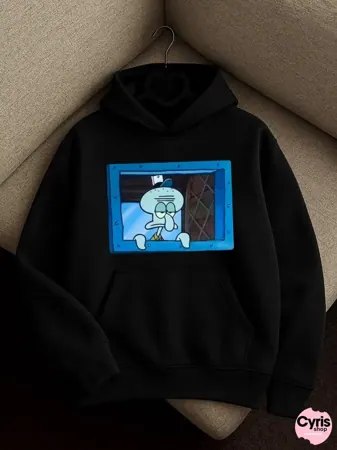 Retro TV Cartoon Print Hoodie – Black Casual Street Style