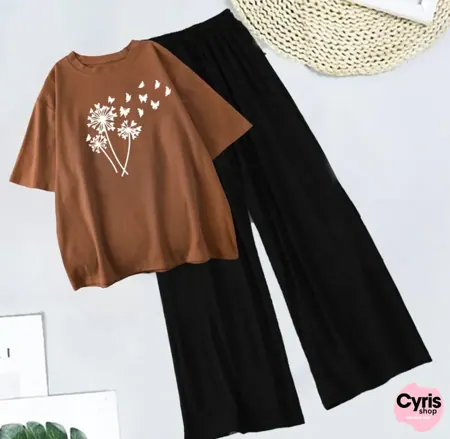 Rust Brown Floral Tee & Black Trouser Set - Boho Spirit