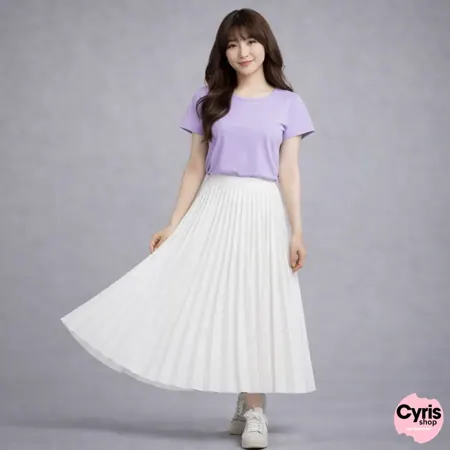 Lavender T-shirt with White Pleated Maxi Skirt