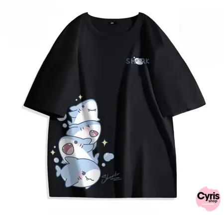 SHARK STACK Tee – Kawaii Ocean Vibes on Black