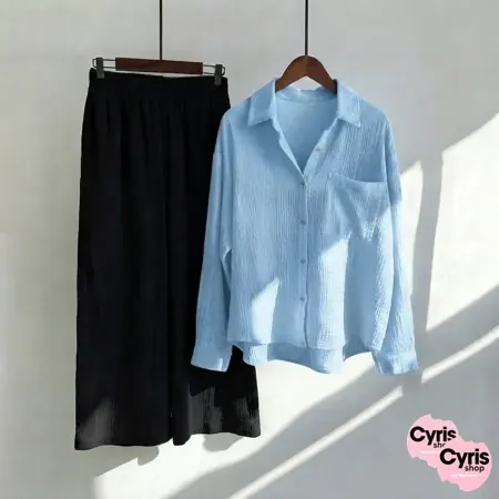 Sky Blue Button-Down Shirt & Black Trousers Set