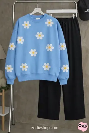 Sky Blue Daisy Sweatshirt & Trouser Combo