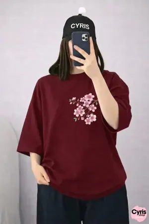 Maroon Floral Drop Shoulder T-Shirt – Oversized Soft Aesthetic Tee