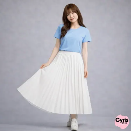 Sky Blue Tshirt with White Pleated Maxi Skirt