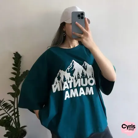 Teal Oversized Mountain Mama Graphic T-Shirt