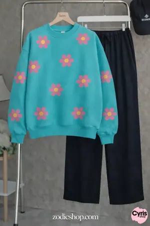 Turquoise Daisy Sweatshirt & Trouser Combo