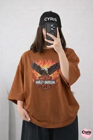 Vintage Brown Flame Graphic Drop Shoulder T-Shirt – Loose Fit Casual Tee