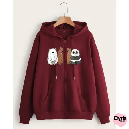 We Bear Bear Print Hoodie – Wine Red Zip-Up