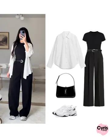 White Button-Down Shirt, Black Crop Top & Black Wide-Leg Pants – Classic Everyday Co-Ord Set