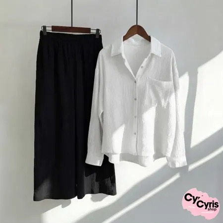 White Button-Down Shirt & Black Trousers Set