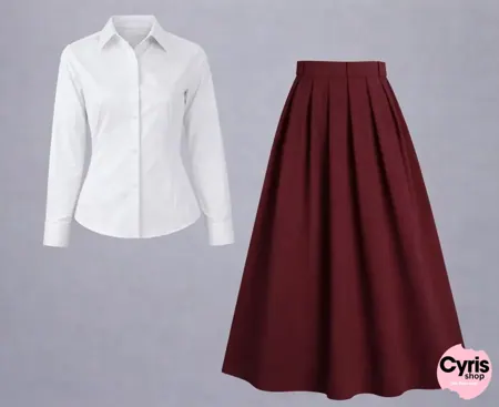 White Button-Down Shirt & Burgundy Pleated Maxi Skirt – Minimal Elegant Set