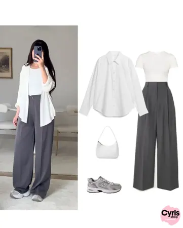 White Button-Down Shirt, White Crop Top & Grey Wide-Leg Pants – Clean Minimal Co-Ord Outfit