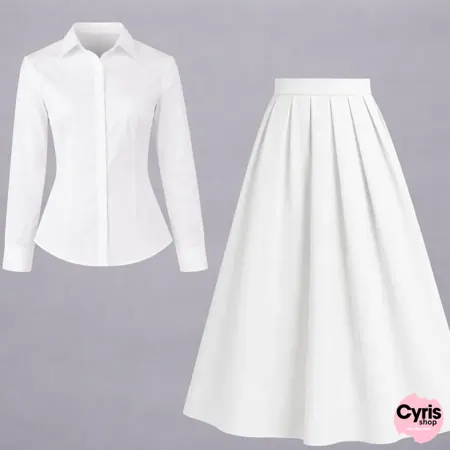 White Button Down Shirt & white Pleated Maxi Skirt Set