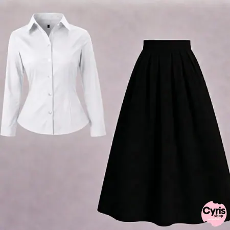 White button-down shirt with black skirt (2-piece)