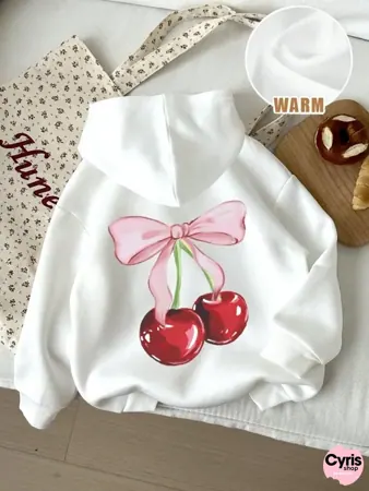White Cherry Bow Graphic Hoodie