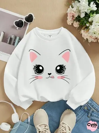 White Cute Cat Face Graphic Sweatshirt