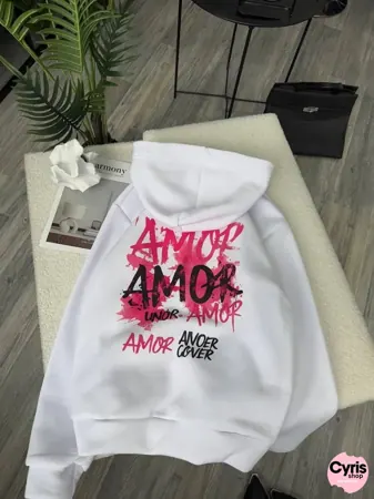 White Hoodie – ‘Amor Amour’ Red Graffiti Style Print
