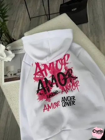 White Hoodie – ‘Amor Amour’ Red Graffiti Style Print — view 2