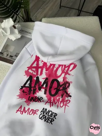 White Hoodie – ‘Amor Amour’ Red Graffiti Style Print — view 3