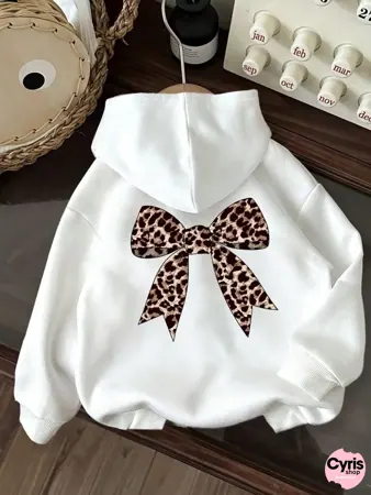 White Leopard Bow Graphic Hoodie